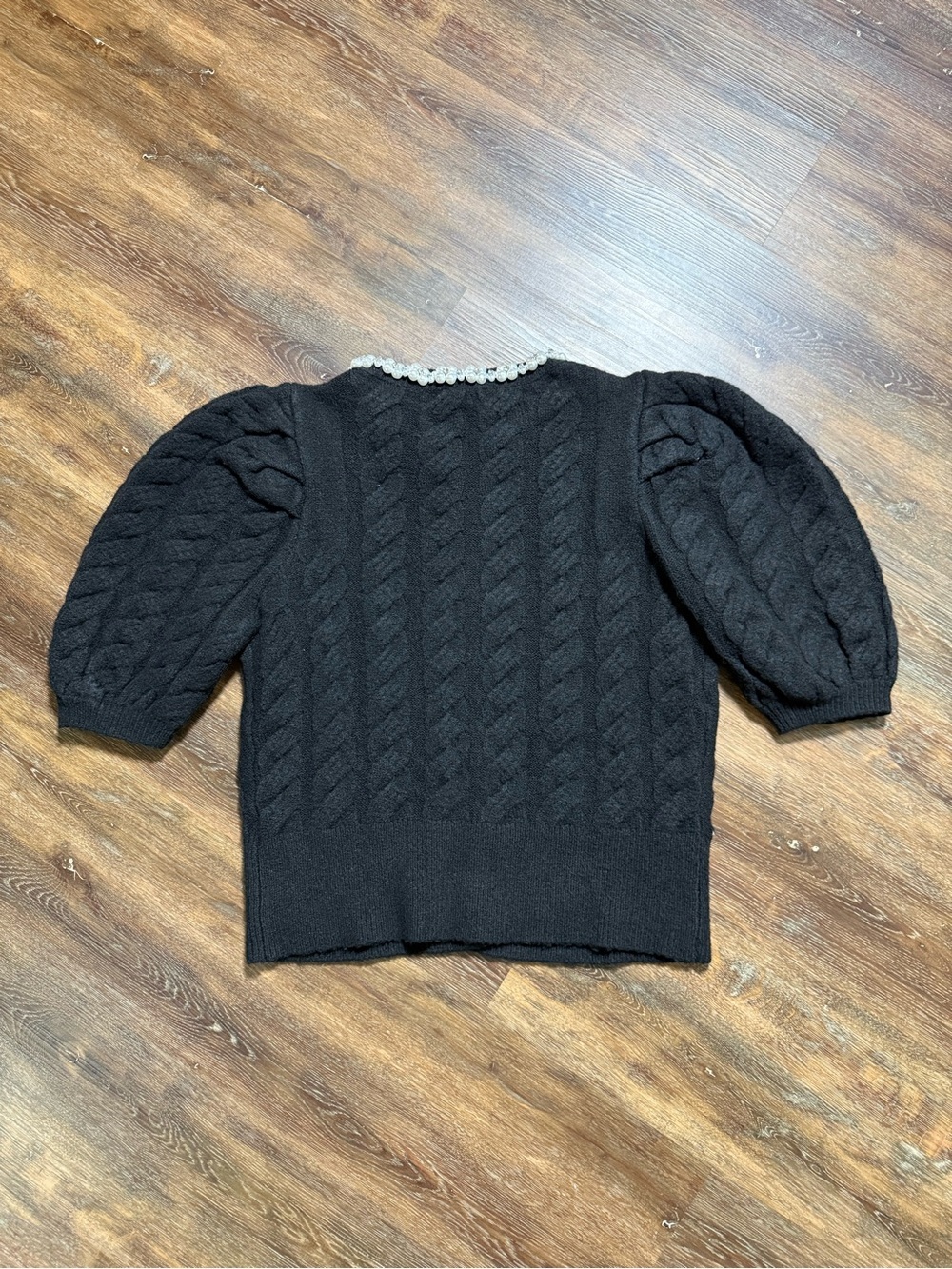 Sugarlips | Pearl Embellished Cable Puff Sleeve Knit Cardigan | Black | Size M - Picture 2 of 11